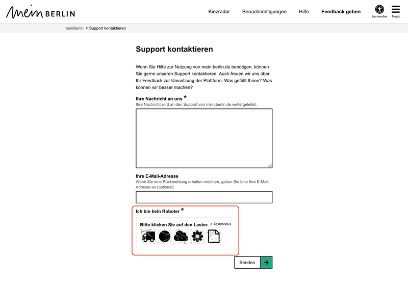 Screenshot des Kontaktformulars für den Support mit einer Markierung des Captchas.