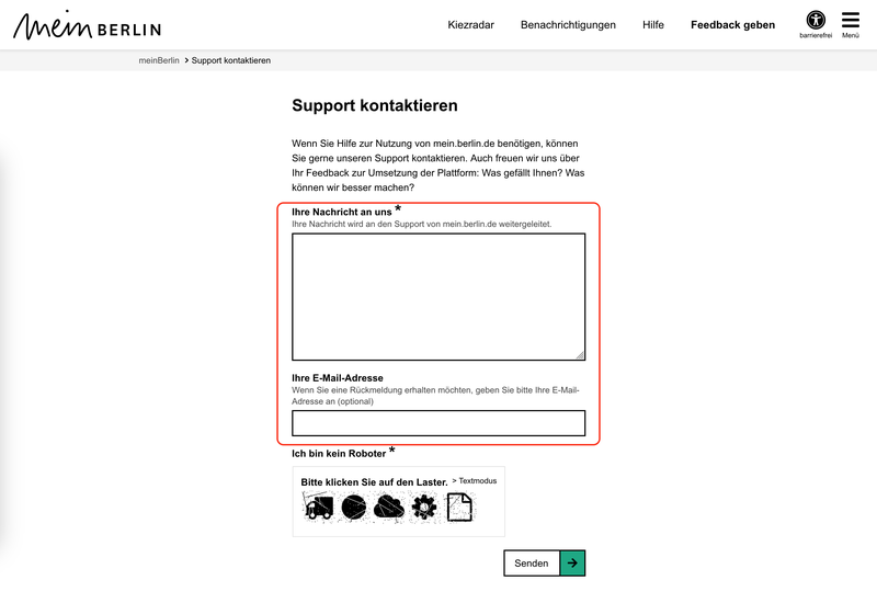 Screenshot des Kontaktformulars für den Support