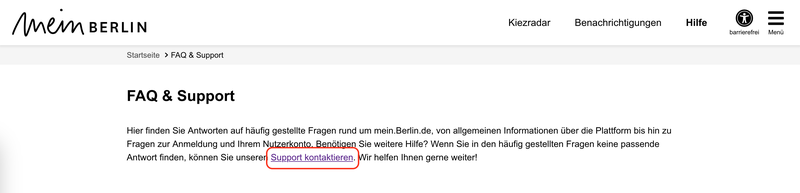 Screenshot der Hilfe Seite mir Markierung des Buttons "Support kontaktieren"