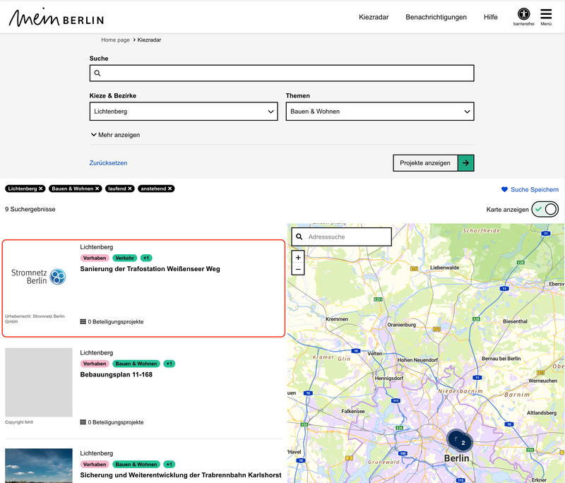 Screenshot der Kiezradar Seite mit zwei angewendeten Filtern. Es gibt eine Markierung auf einer Projektkachel.