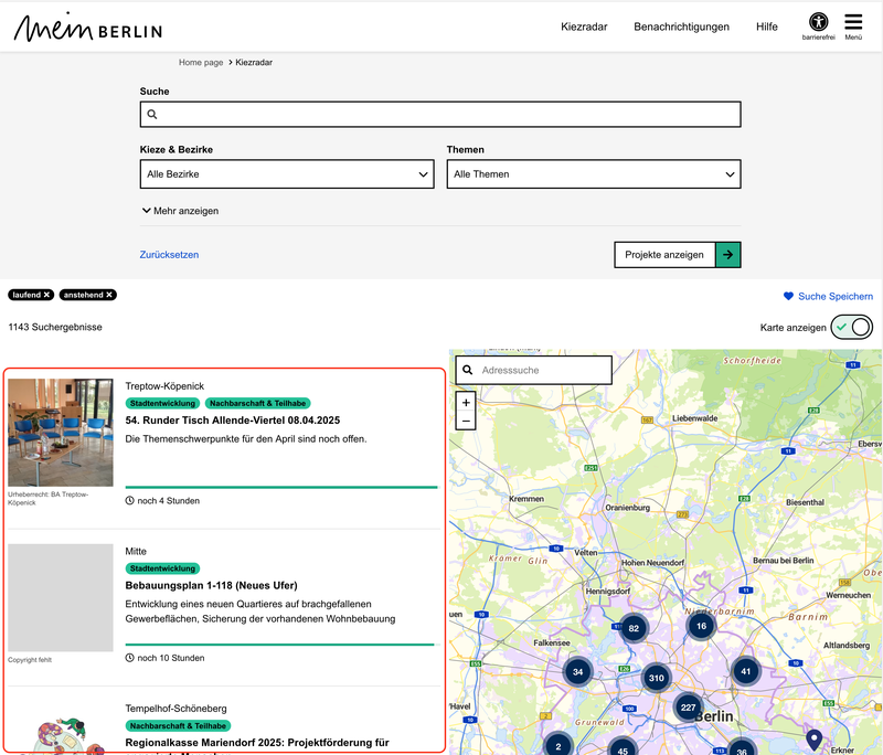 Screenshot der Kiezradar Seite mit einer Markierung auf der Projektliste