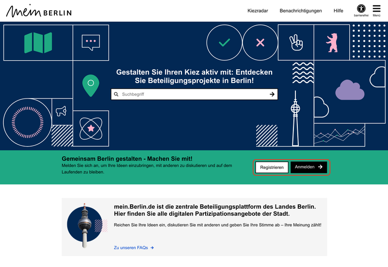 Screenshot der Startseite mit einer Markierung auf dem "Registrieren" Button