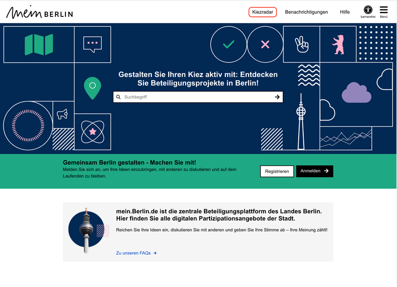 Screenshot der Startseite mit einer Markierung auf dem "Kiezradar" Button