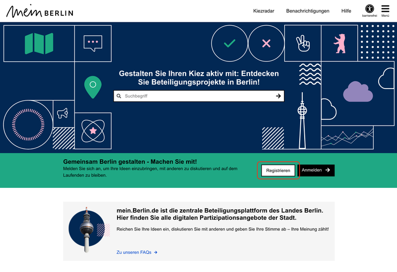Screenshot der Startseite mit einer Markierung auf dem "Registrieren" Button