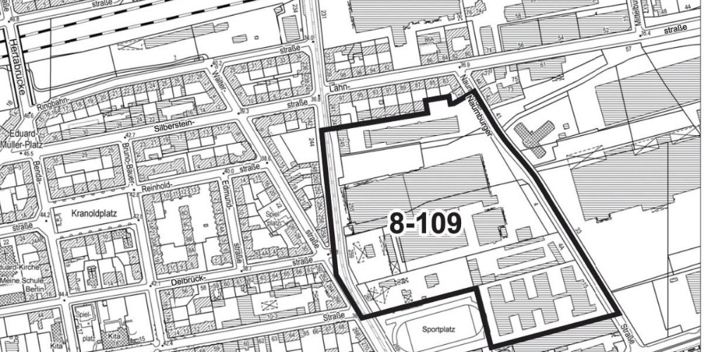 Ausschnitt einer Neuköllnkarte auf der der Bereich des B-Plans markiert ist