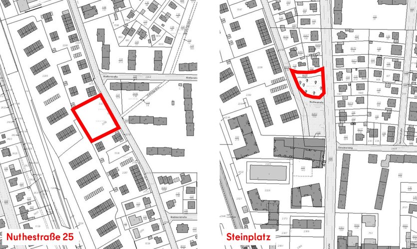 Planausschnitte mit Hervorhebung der beplanten Grundstücke.