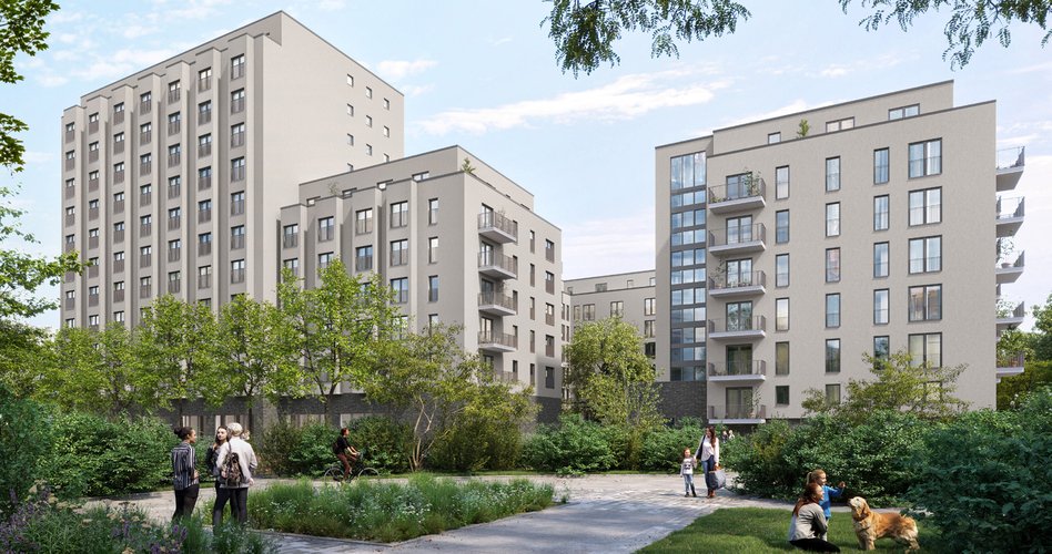 Moderne, helle Wohnanlage mit Grünflächen, Bäumen und Menschen im Vordergrund