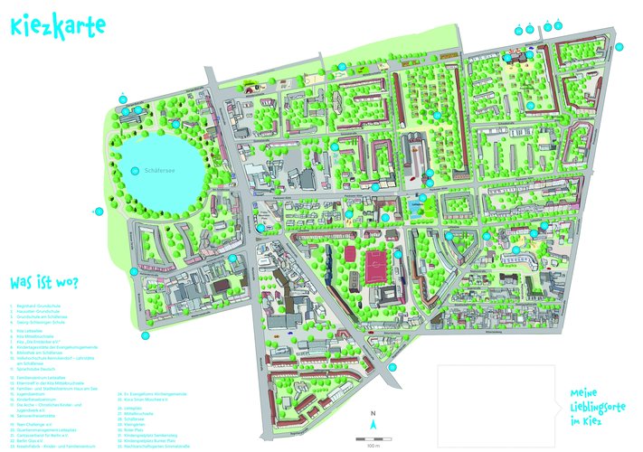 Eine Karte des Lettekiezes mit allen Akteuren und Einrichtungen.