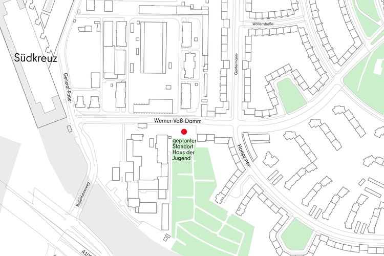 Standort des geplanten Haus der Jugend am Werner-Voß-Damm 47 nahe Bahnhof Südk