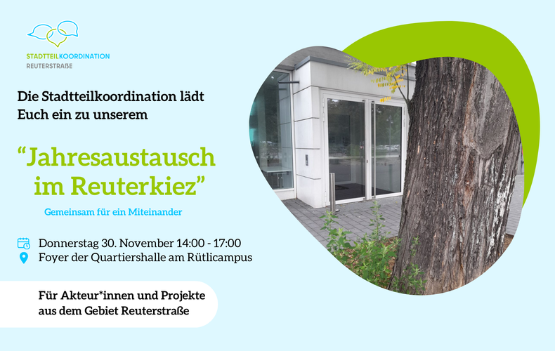 Flyer zur Veranstaltung mit einem Foto vom Eingangsbereich der Quartiershalle