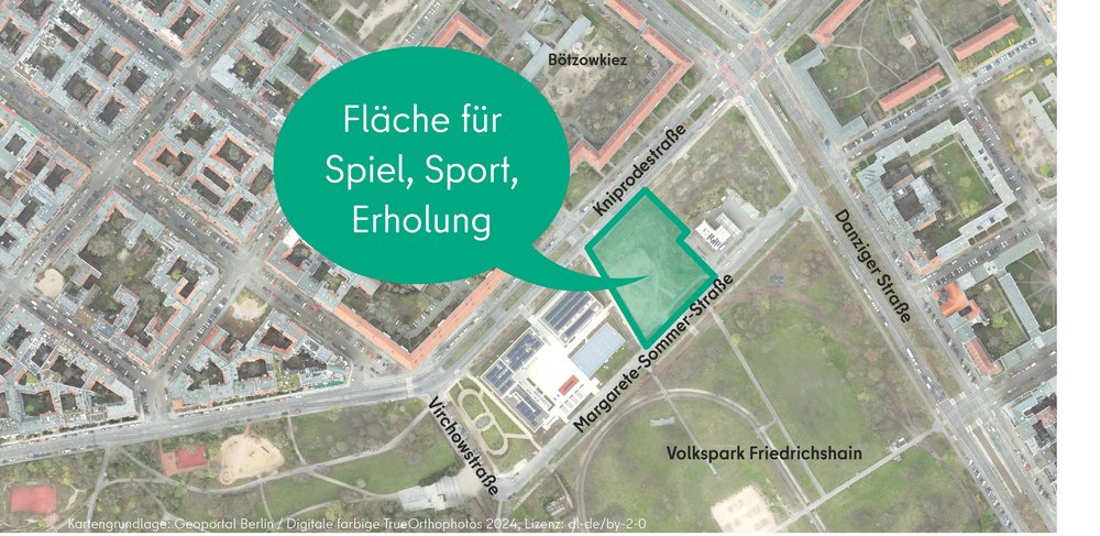 Luftbild mit Gebietsabgrenzung der geplanten Spiel- und Freizeitfläche