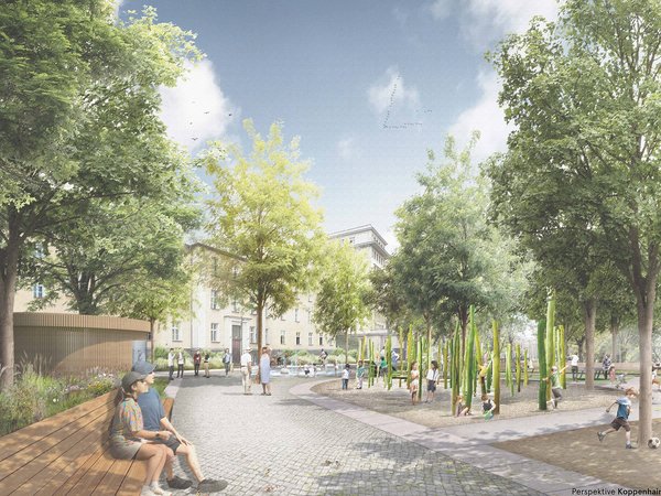 Grafik Siegerentwurf mit vielen Bäumen, Bänken, einem Weg und Spielgeräten