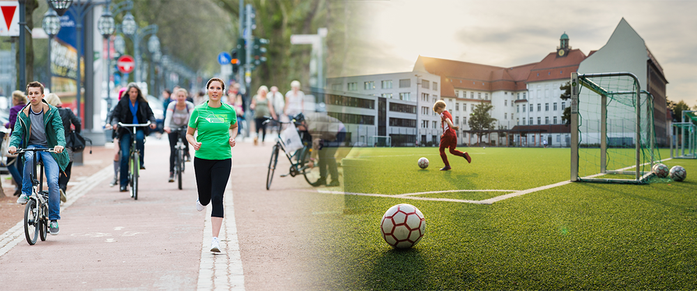 Links joggt eine Frau, rechts spielt ein Kind Fußball auf einem Feld.