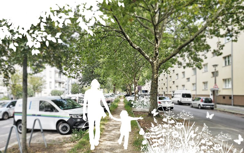 Frau läuft mit Kind die Große-Leege-Straße entlang