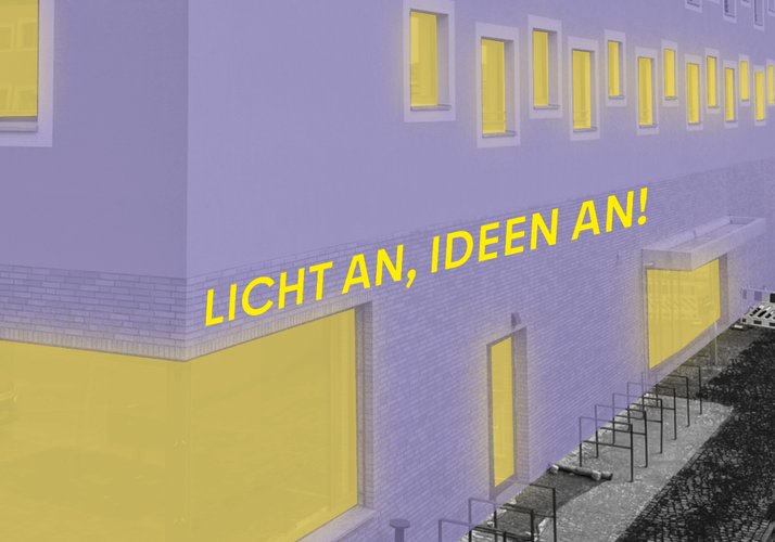 Collage des Gebäudes und mit illuminierten Fenstern.