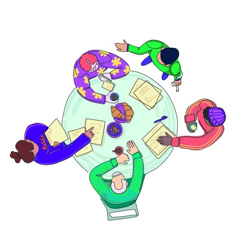 Illustration von Menschen an einem runden Tisch, die Ideen austauschen.