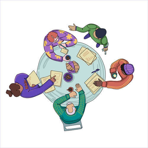 Menschen sitzen um einen runden Tisch und sind miteinadner im Gespräch