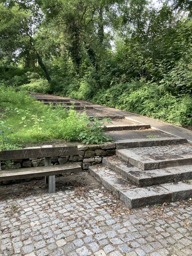 Weg im Fritz-Schloß-Park, steinerne Stufen, Holzbank, dichte Vegetation