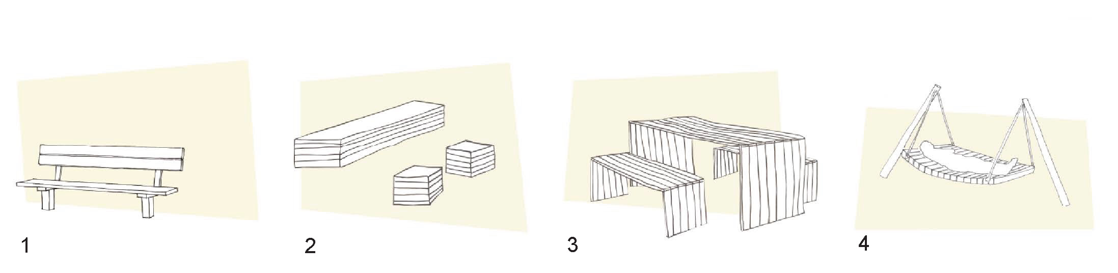 verschiedene Sitzelemente wie einzelne Bänke, Gruppentische, Hängematte