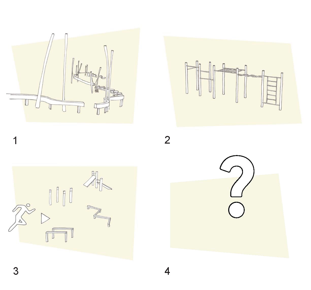 mögliche Sport- und Bewegungselemente wie Balancierparcours, Hängeleiter, einzelne Sportmachelemente