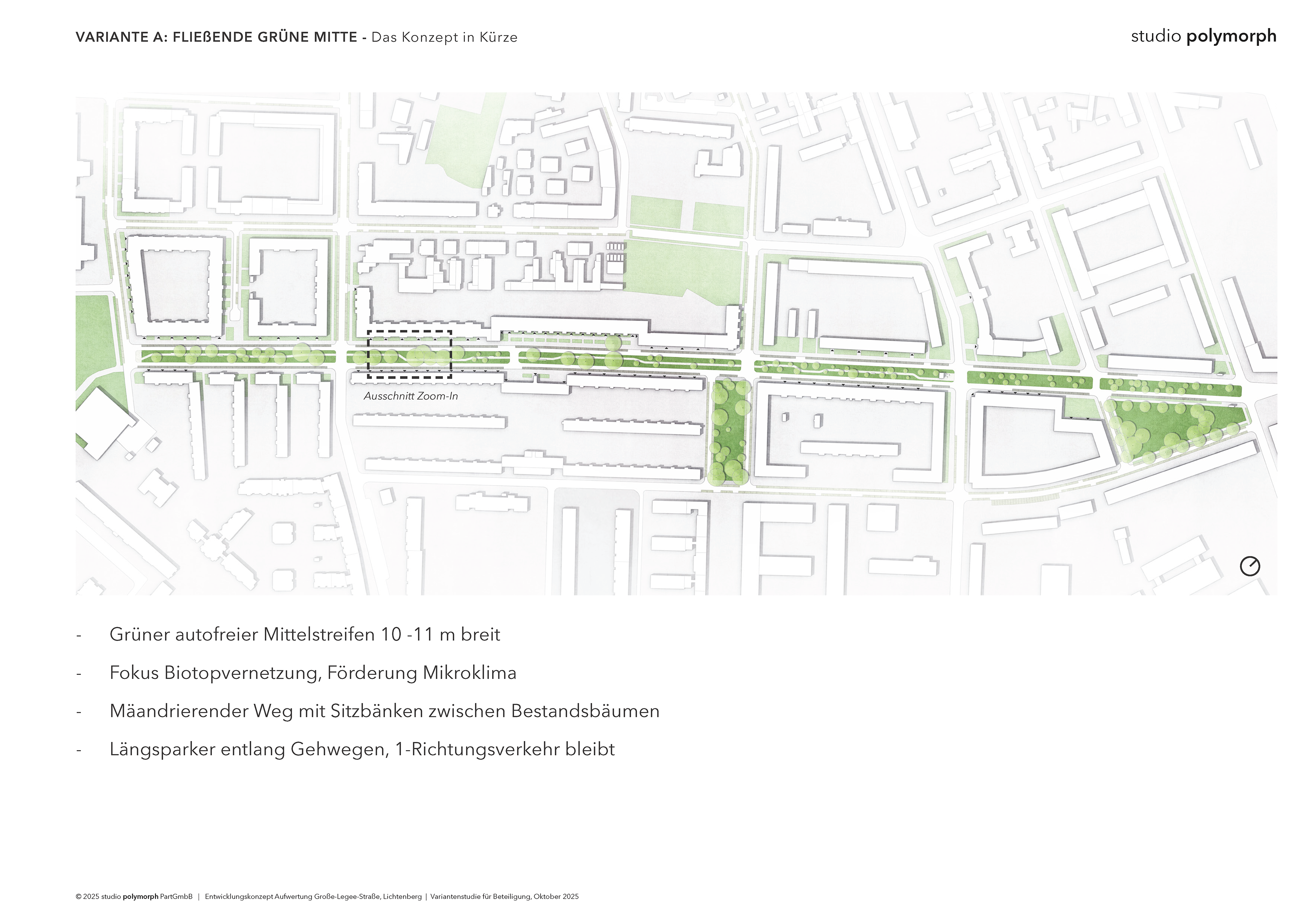Grüner autofreier Mittelstreifen 10 bis 11 Meter breit, Fokus Biotopvernetzung, Förderung Mikroklima, Mäandrierender Weg mit Sitzbänken zwischen Bestandsbäumen, Längsparker entlang Gehwegen, 1-Richtungsverkehr bleibt