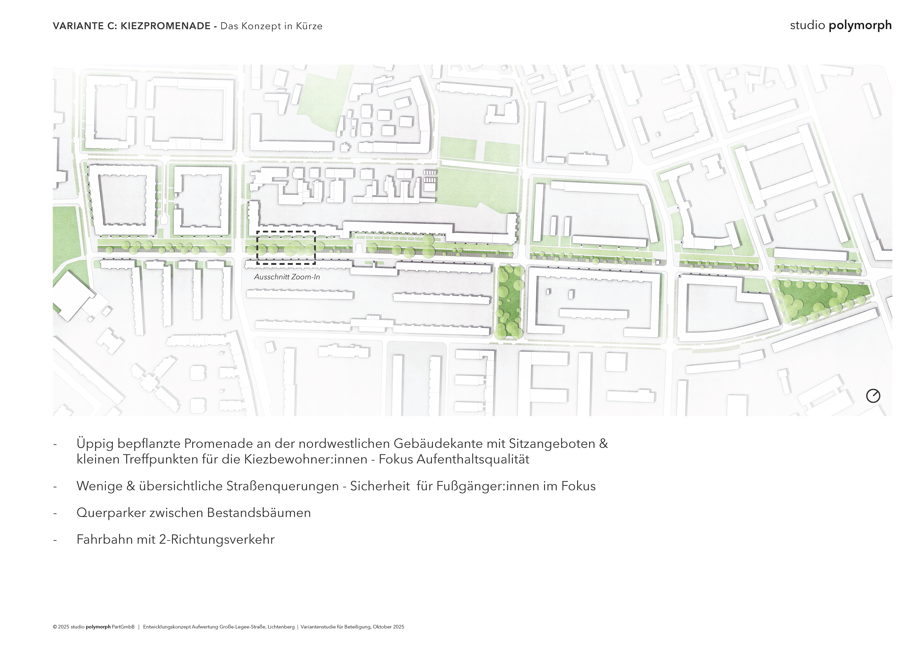 Üppig bepflanzte Promenade an der nordwestlichen Gebäudekante mit Sitzangeboten und kleinen Treffpunkten für die Kiezbewohner:innen - Fokus Aufenthaltsqualität, wenige und übersichtliche Straßenquerungen - Sicherheit für Fußgänger:innen im Fokus, Querparker zwischen Bestandsbäumen, Fahrbahn mit 2-Richtungsverkehr