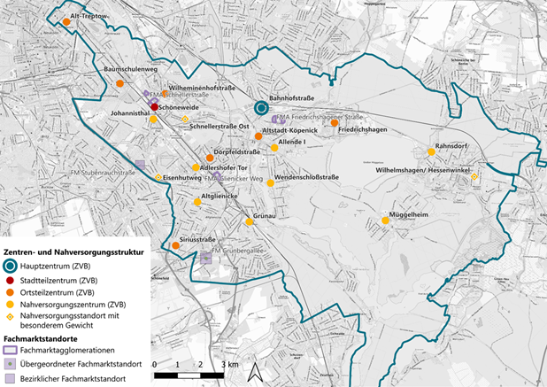 Karte der Zentren- und Nahversorgungsstruktur sowie der Fachmarktstandorte in Treptow-Köpenick