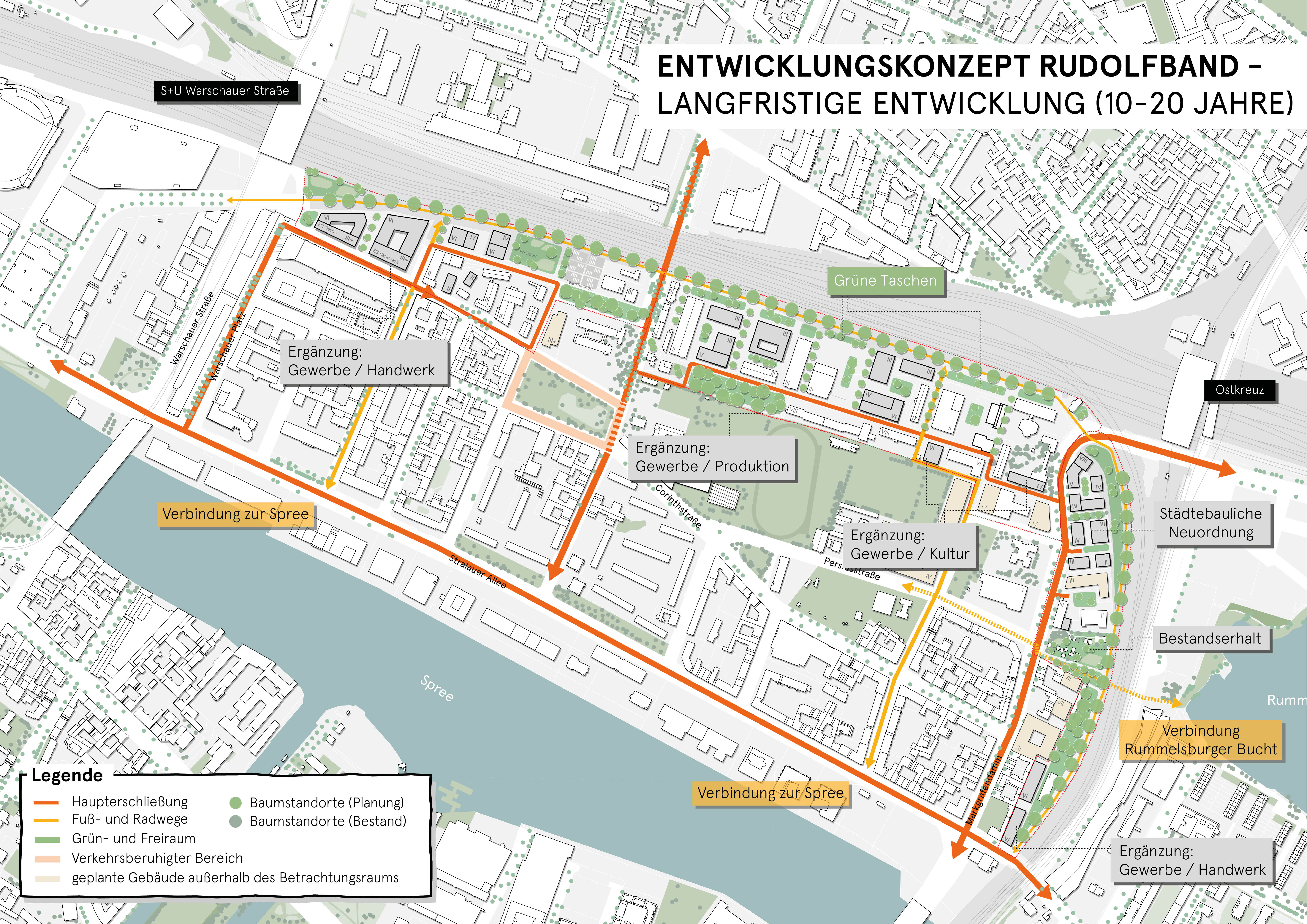 Karte langfristiges Entwicklungskonzept. Details siehe Text. Für mehr Inforamtionen gerne an einer der Stellen unter "über das Projekt" und dann "Hilfe..." wenden.