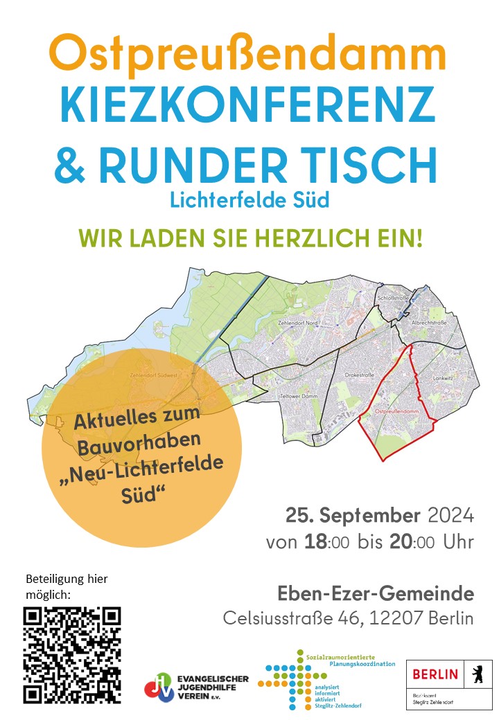 Plakat Kiezkonferenz Ostpreußendamm am 25.09.2024, 18-20 Uhr, Eben-Ezer-Gemeinde