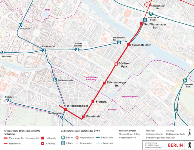 Eine Karte von der Straßenbahnneubaustrecke. Zu sehen sind alle geplanten Haltestellen und Kieze.