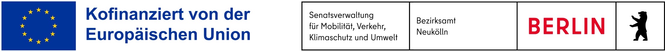 Förderung - Logoleiste mit Logo der Europäischen Union, der Senatsverwaltung für Mobilität, Verkehr, Klimaschutz und Umwelt und des Bezirksamts Neukölln