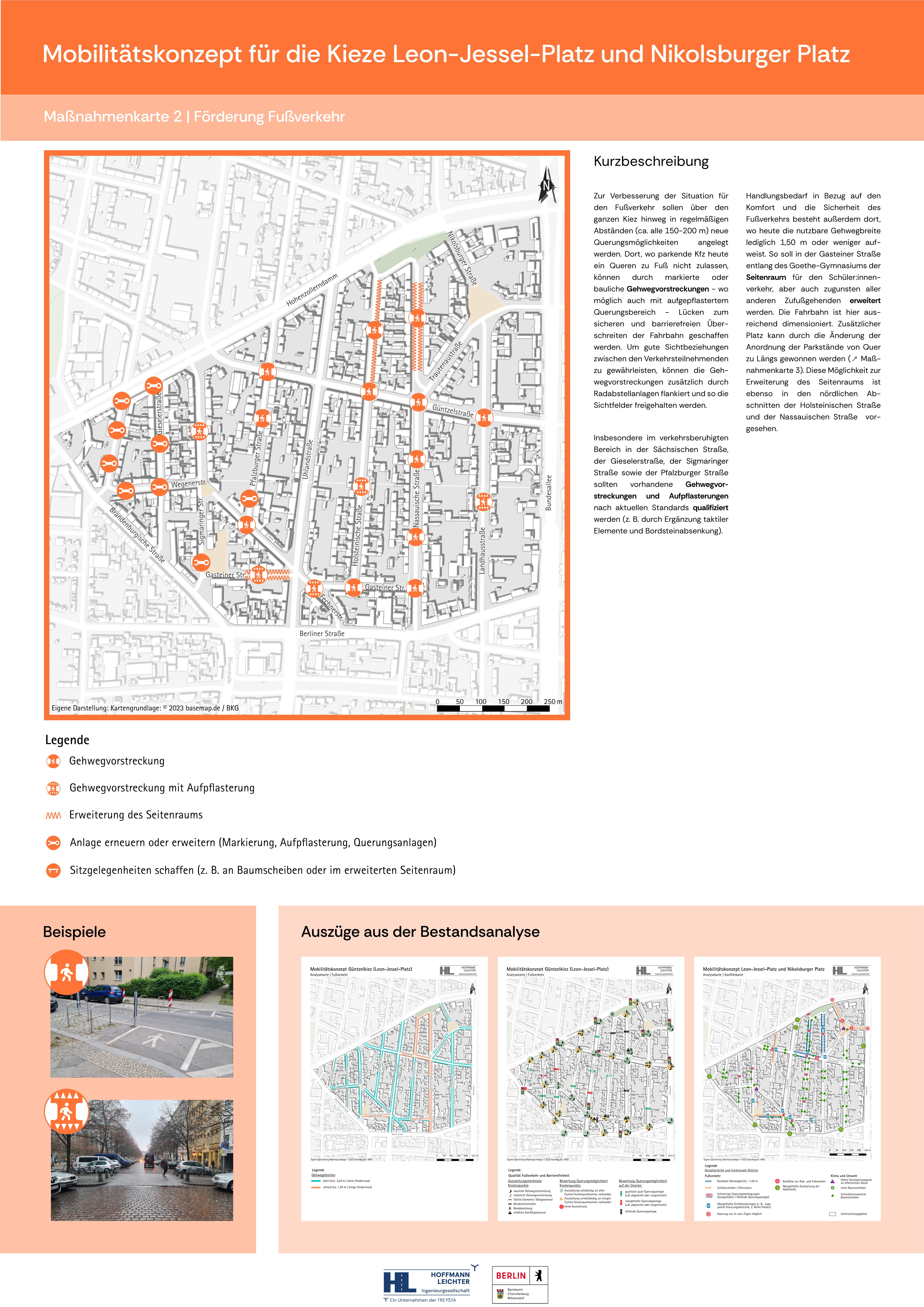 Das Poster stellt Maßnahmen zur Förderung des Fußverkehrs dar.