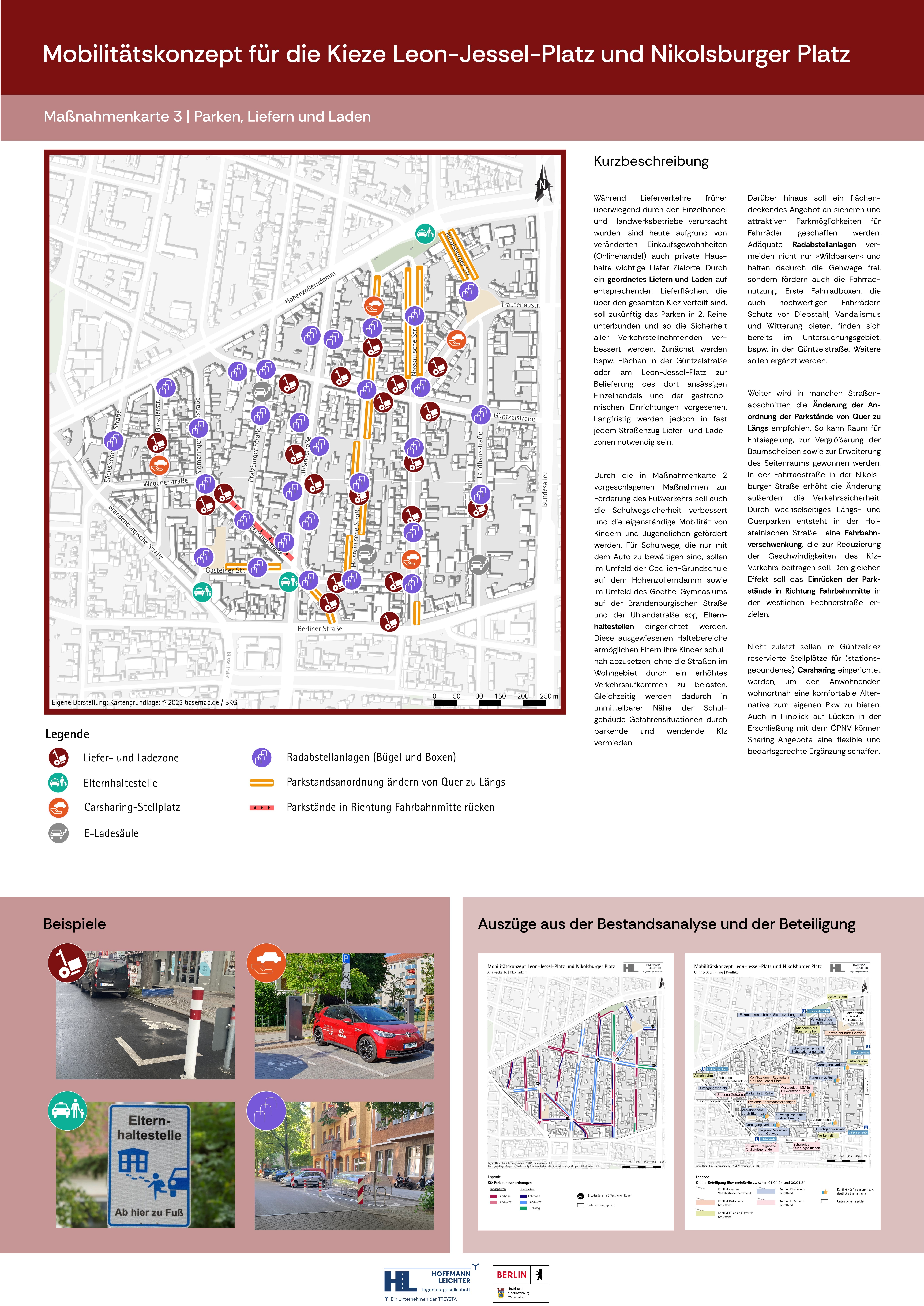 Das Poster stellt Maßnahmen dar, die das Thema "Parken, Liefern und Laden" betreffen.