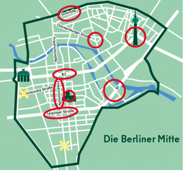 Übersichtskarte der Berliner Mitte und Darstellung der Schwerpunktgebiete
