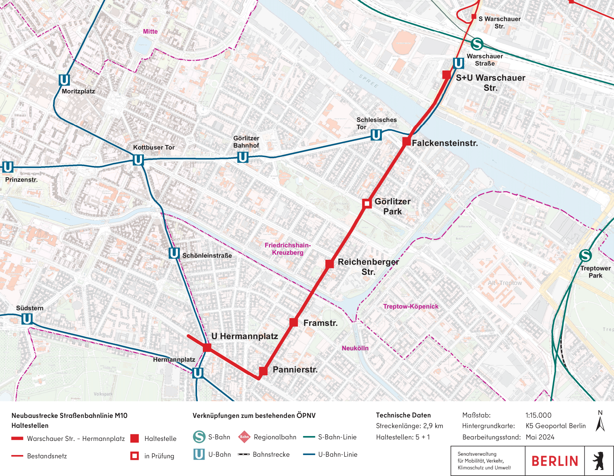 Die Abbildung zeigt die planerisch zu bevorzugende Streckenvariante. Sie verläuft geradlinig in Richtung Südwest vom S+U Warschauer Straße über die Oberbaumbrücke, die Falckenstreinstraße, durch den Görlitzer Park, über die Pannierstraße und biegt dann in Nordwestlicher Richtung die Sonnenallee ein und führt von dort bis zum Hermannplatz.