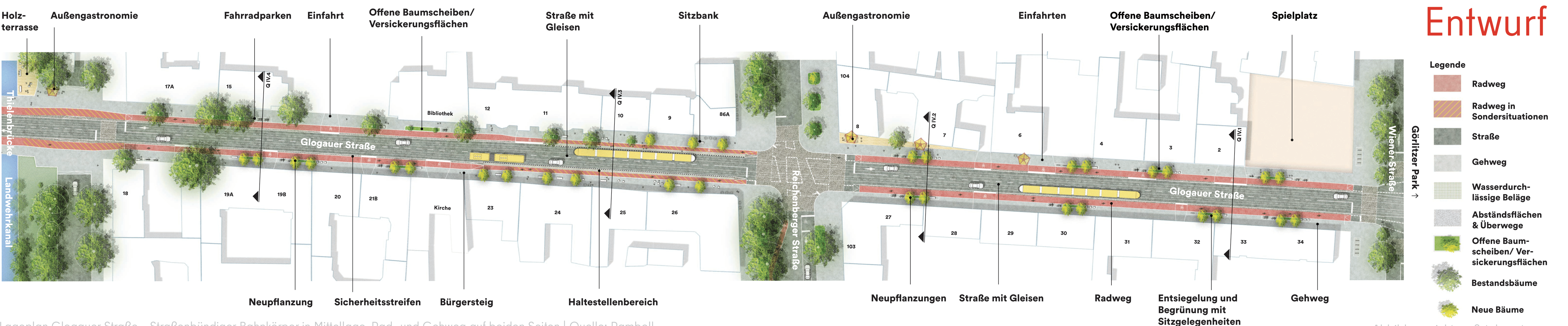 Diese Abbildung zeigt eine illustrierte technische Zeichnung des Bauabschnitts Glogauer Straße