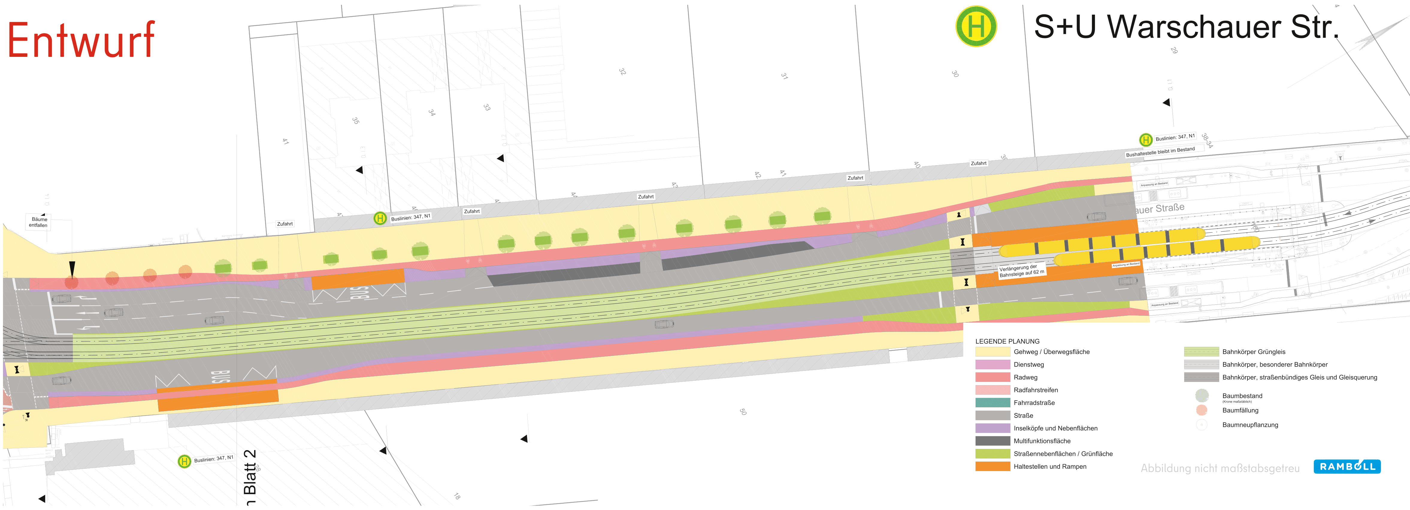 Diese Abbildung zeigt eine technische Zeichnung des Bauabschnitts Warschauer Straße