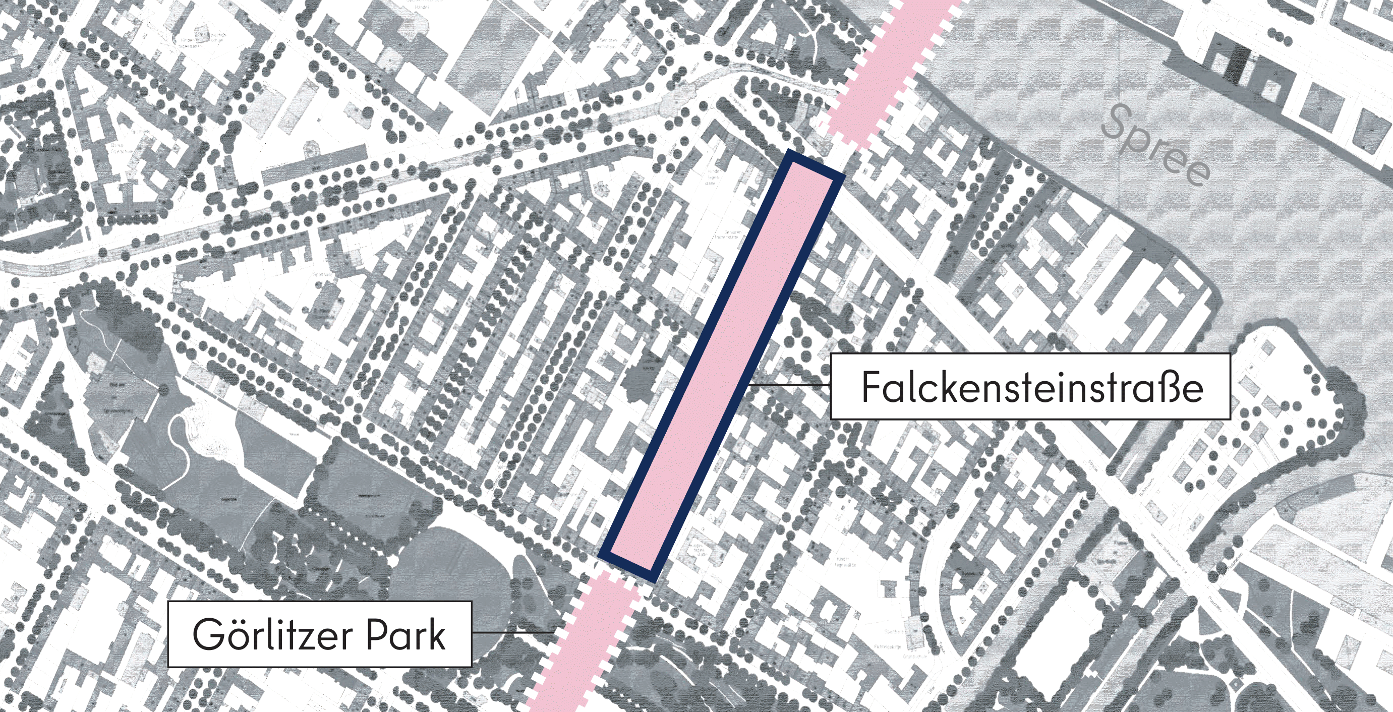 Dieses Bild zeigt eine grafische Darstellung des Abschnitts Falckensteinstraße aus der Vogelperspektive