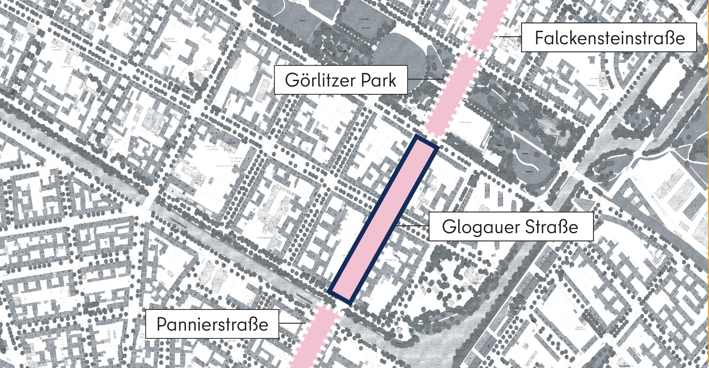 Dieses Bild zeigt eine grafische Darstellung des Abschnitts Glogauer Straße aus der Vogelperspektive