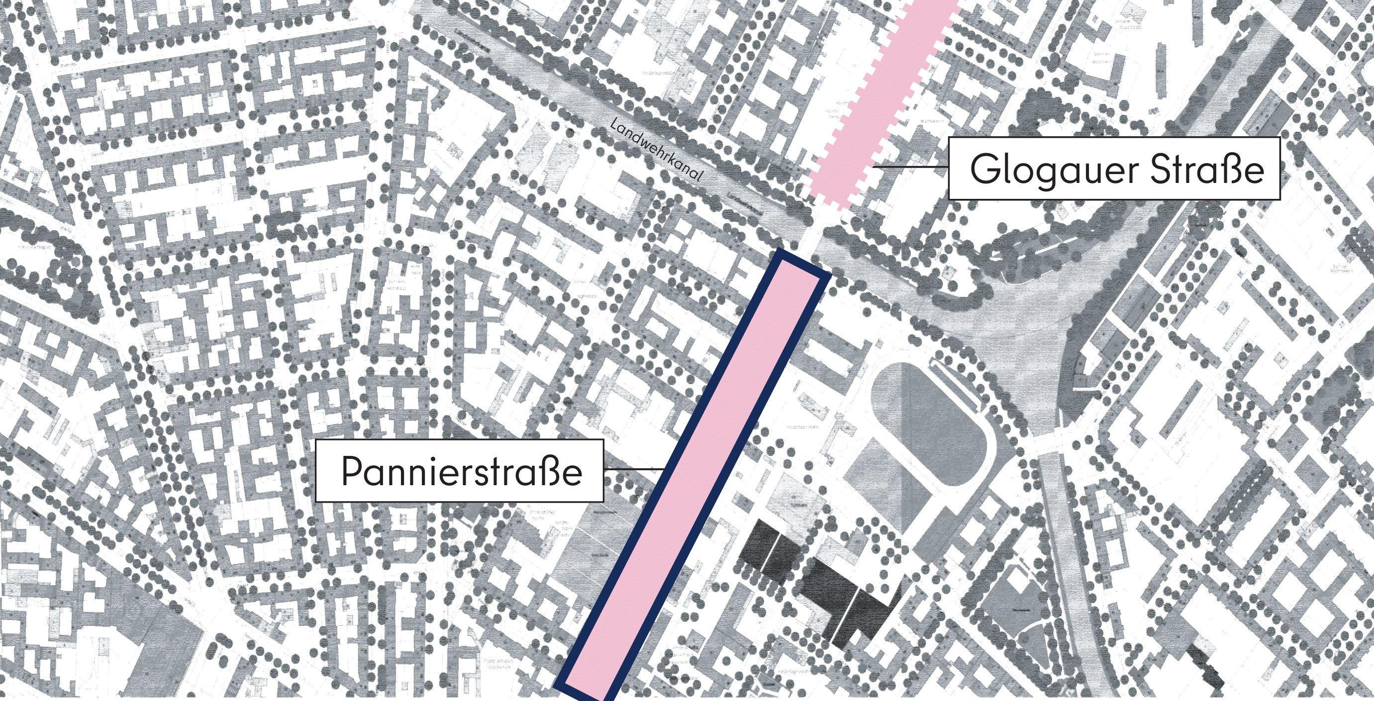 Dieses Bild zeigt eine grafische Darstellung des Abschnitts Pannierstraße aus der Vogelperspektive