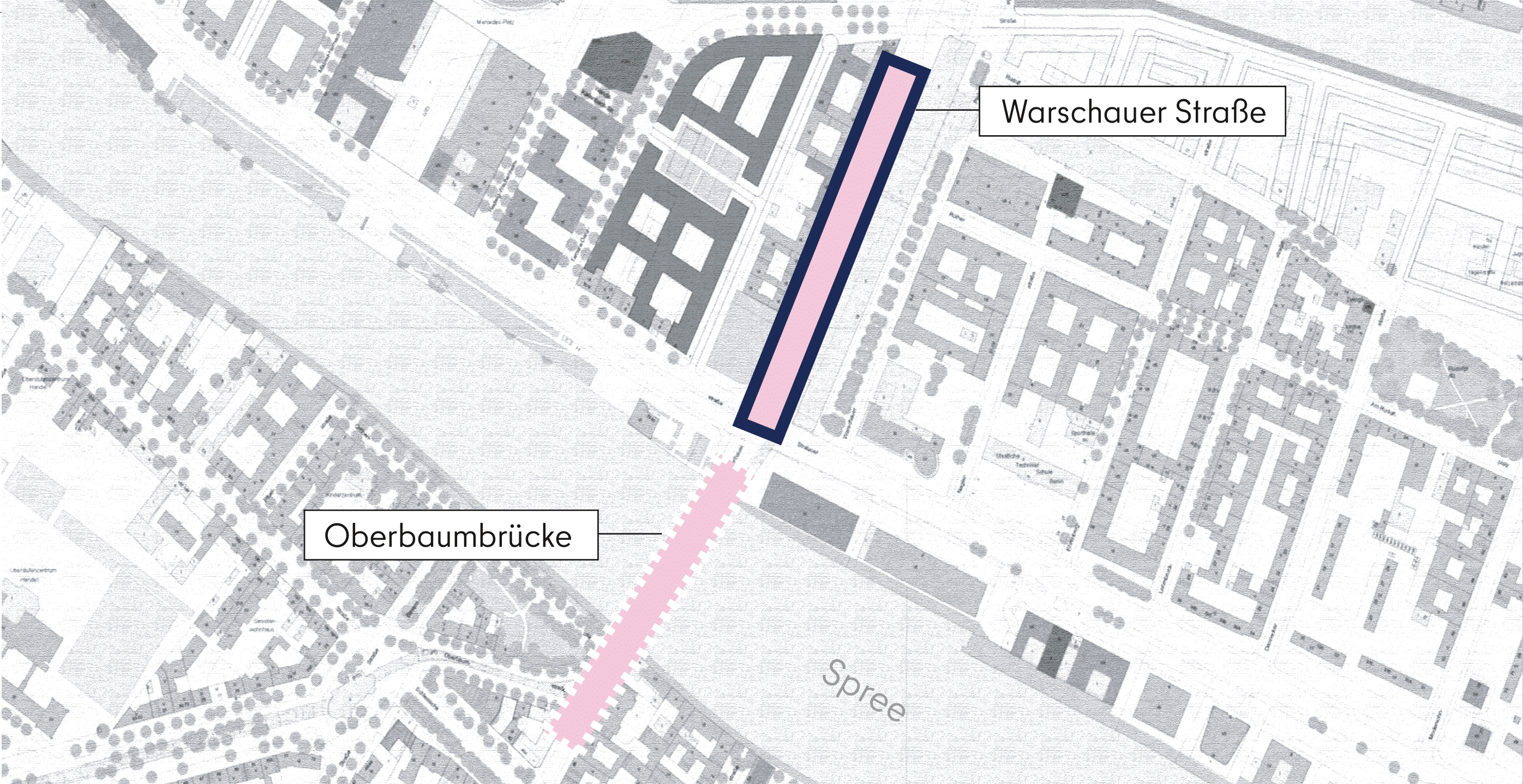 Dieses Bild zeigt eine grafische Darstellung des Abschnitts Warschauer Straße aus der Vogelperspektive