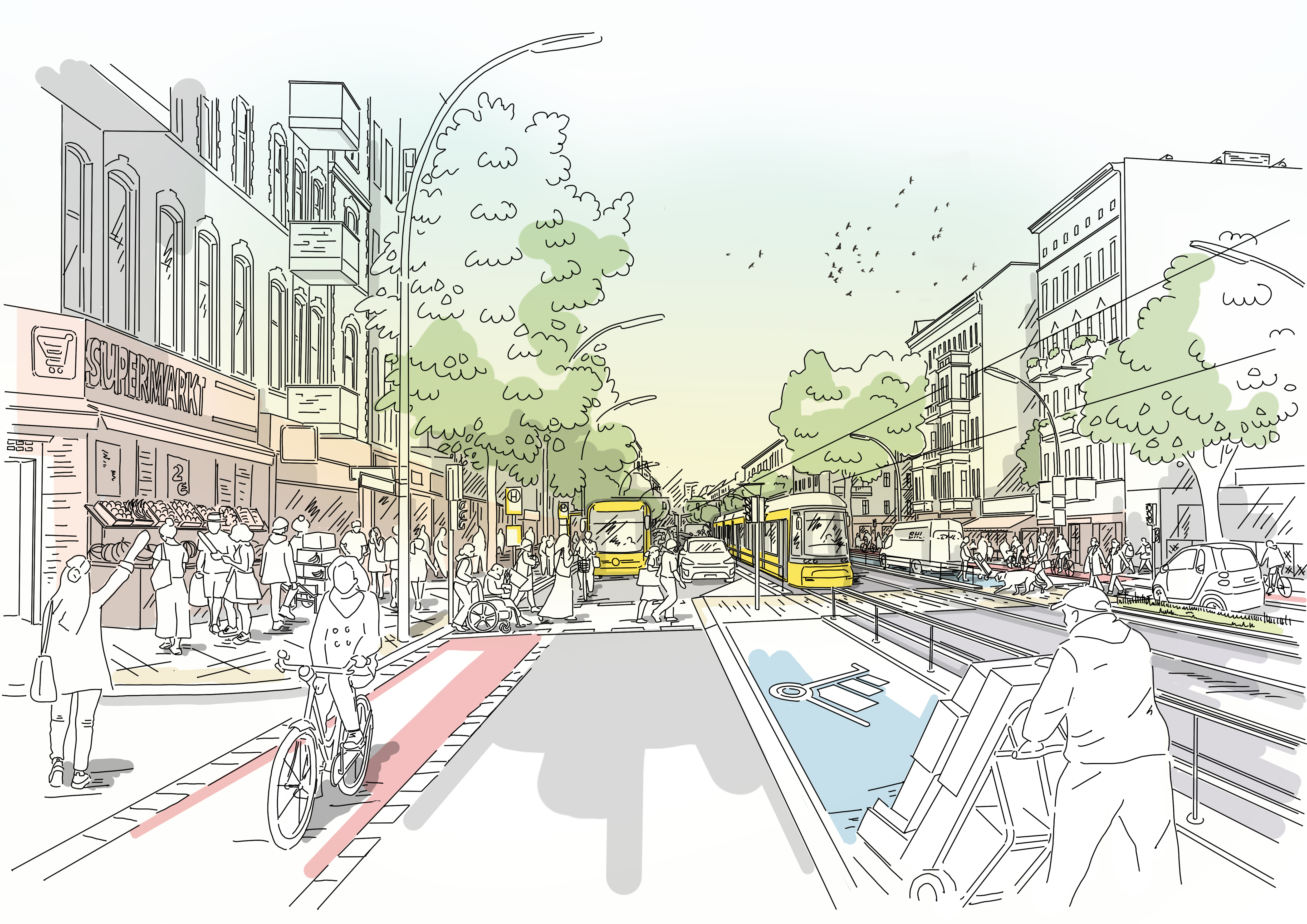 Diese Abbildung zeit eine skizzenhafte Darstellung der Straßenbahnführung die Sonnenallee entlang mit Blickrichtung Hermannplatz nach der Fertigstellung des Projekts