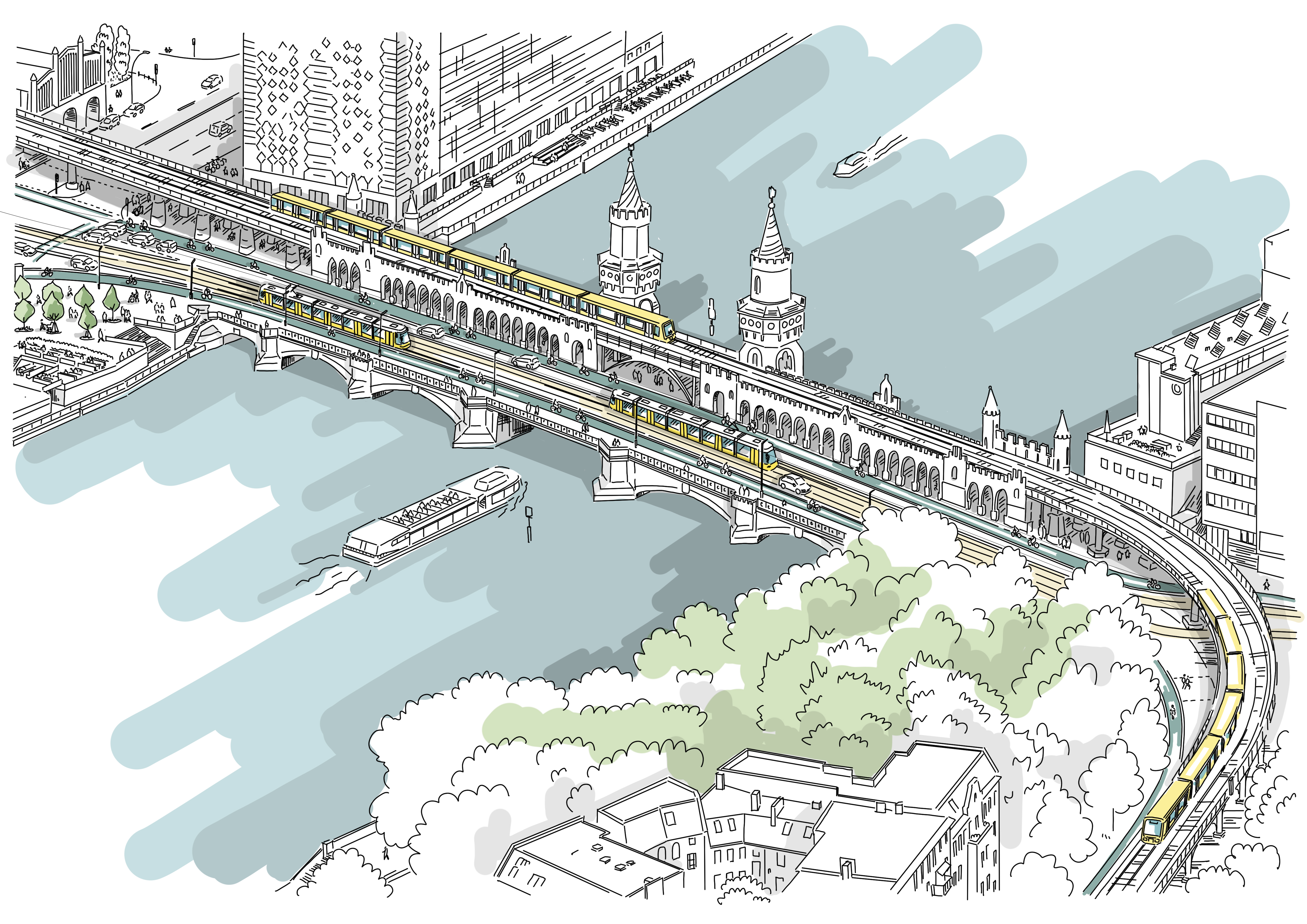 Diese Abbildung zeit eine skizzenhafte Darstellung der Oberbaumbrücke nach der Fertigstellung des Projekts