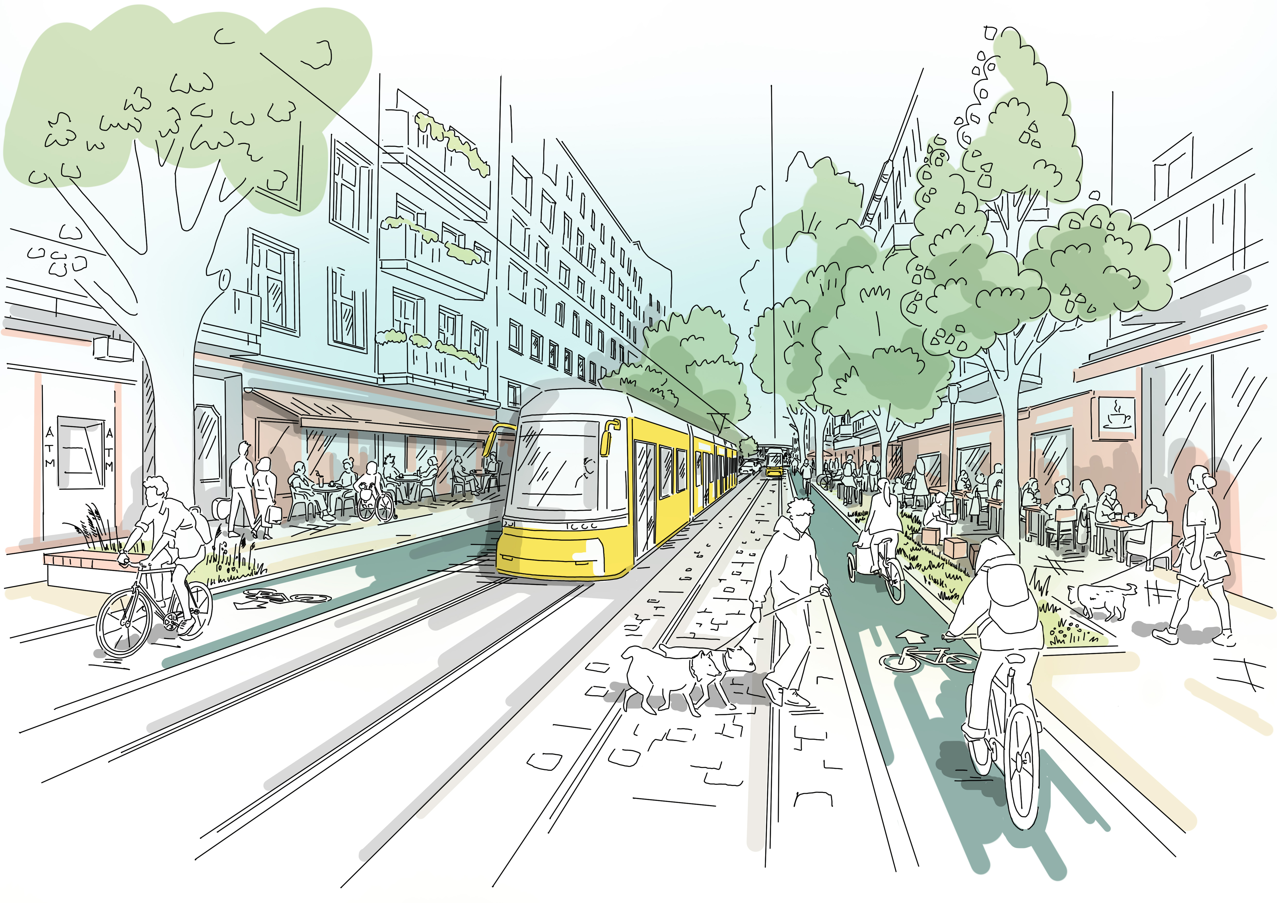 Diese Abbildung zeit eine skizzenhafte Darstellung der Straßenbahnführung in Mittellage nach der Fertigstellung des Projekts