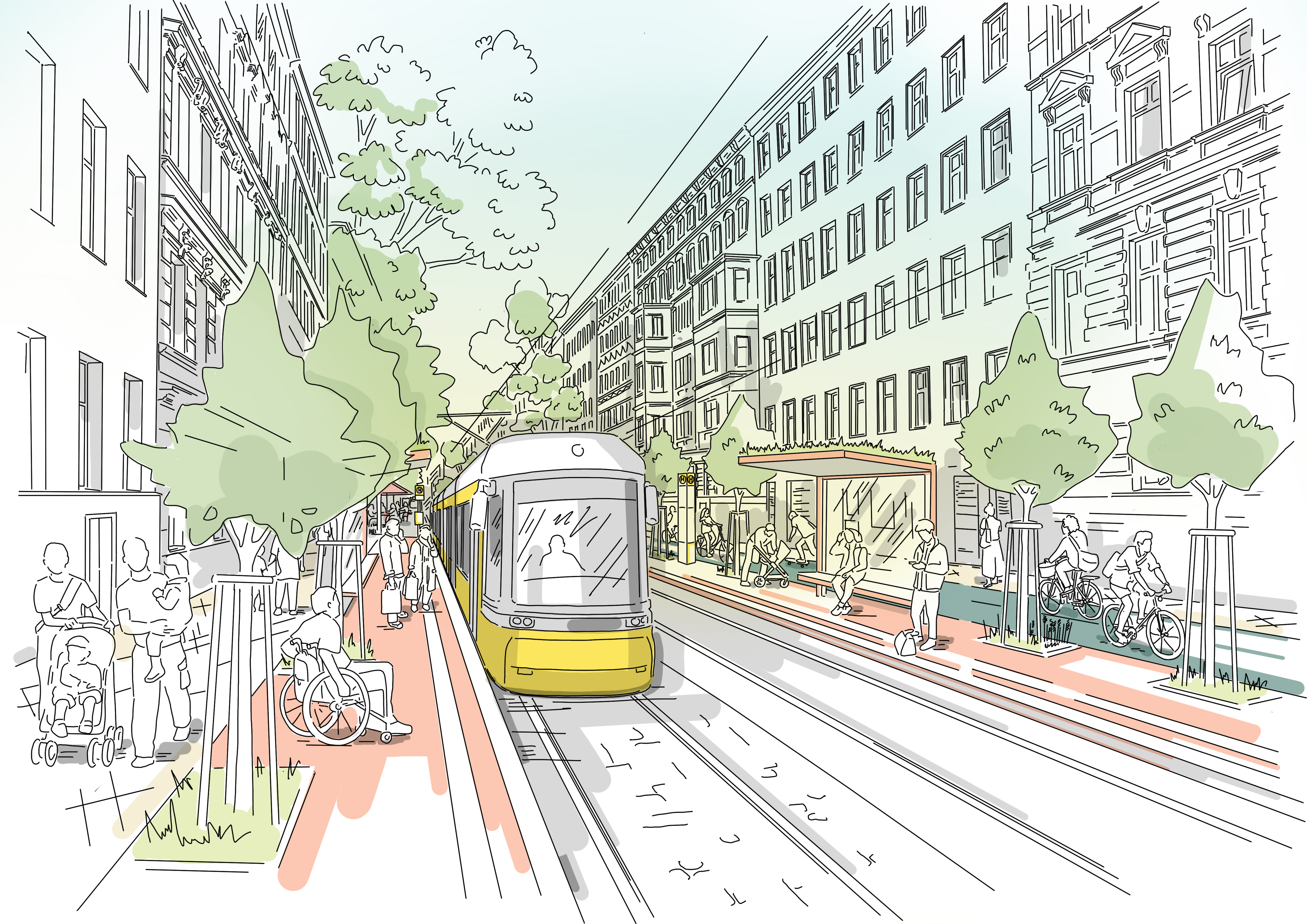 Diese Abbildung zeit eine skizzenhafte Darstellung der Straßenbahnführung in Seitenlage nach der Fertigstellung des Projekts