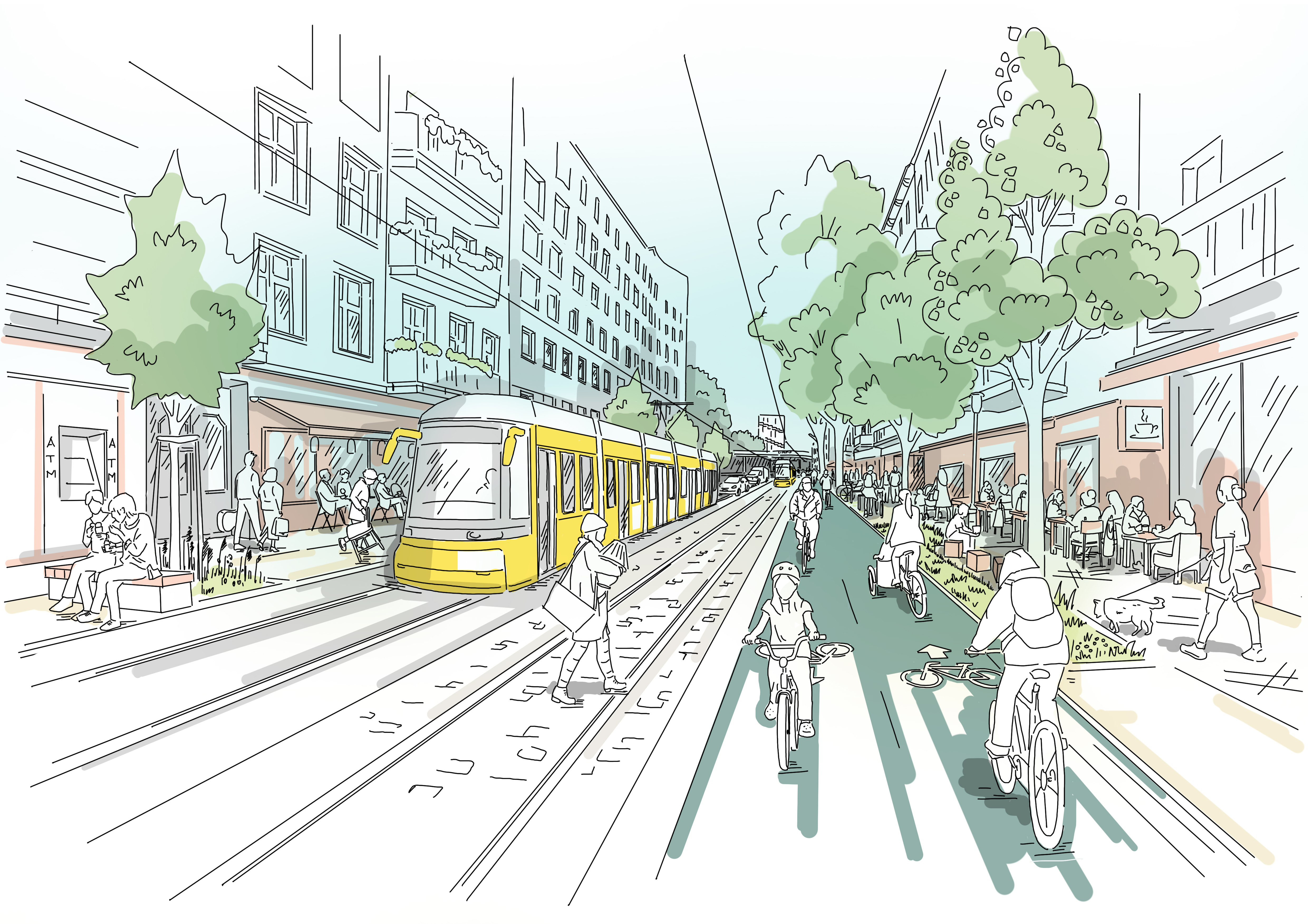 Diese Abbildung zeit eine skizzenhafte Darstellung der Straßenbahnführung in Seitenlage nach der Fertigstellung des Projekts