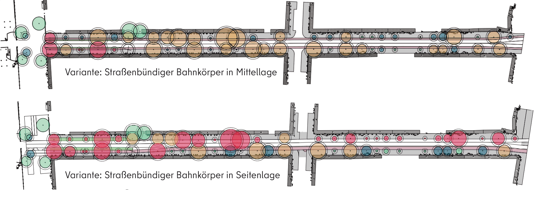 Diese Abbildung zeigt eine schematische Gegenüberstellung von Mittellage und Seitenlage in der Baumstudie zur Falckensteinstraße