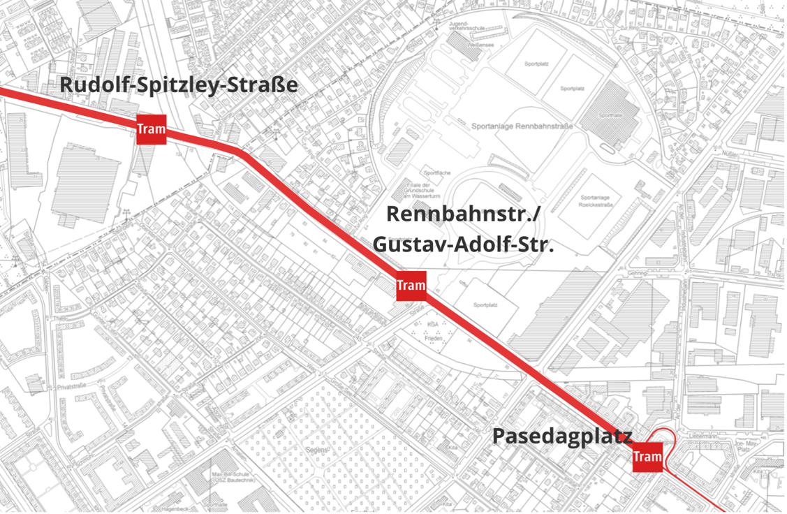 Übersicht Abschnitt 1: Rennbahnstraße ab Kreuzung Parkstraße bis Ortseingang Heinersdorf (Höhe Romain-Rolland-Straße 37) 