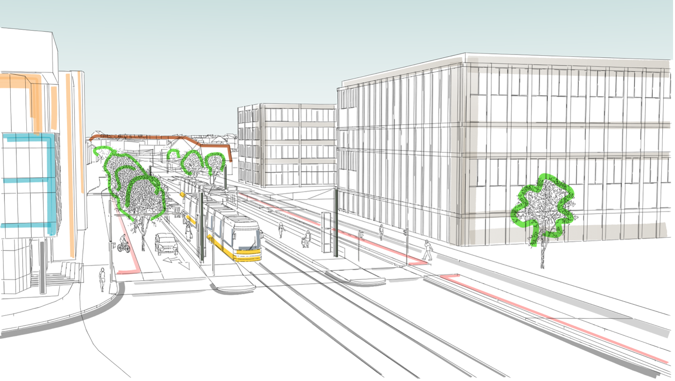 So könnte es aussehen: Draufsicht Haltestelle Rennbahnstraße/Gustav-Adolf-Straße, besonderer Bahnkörper