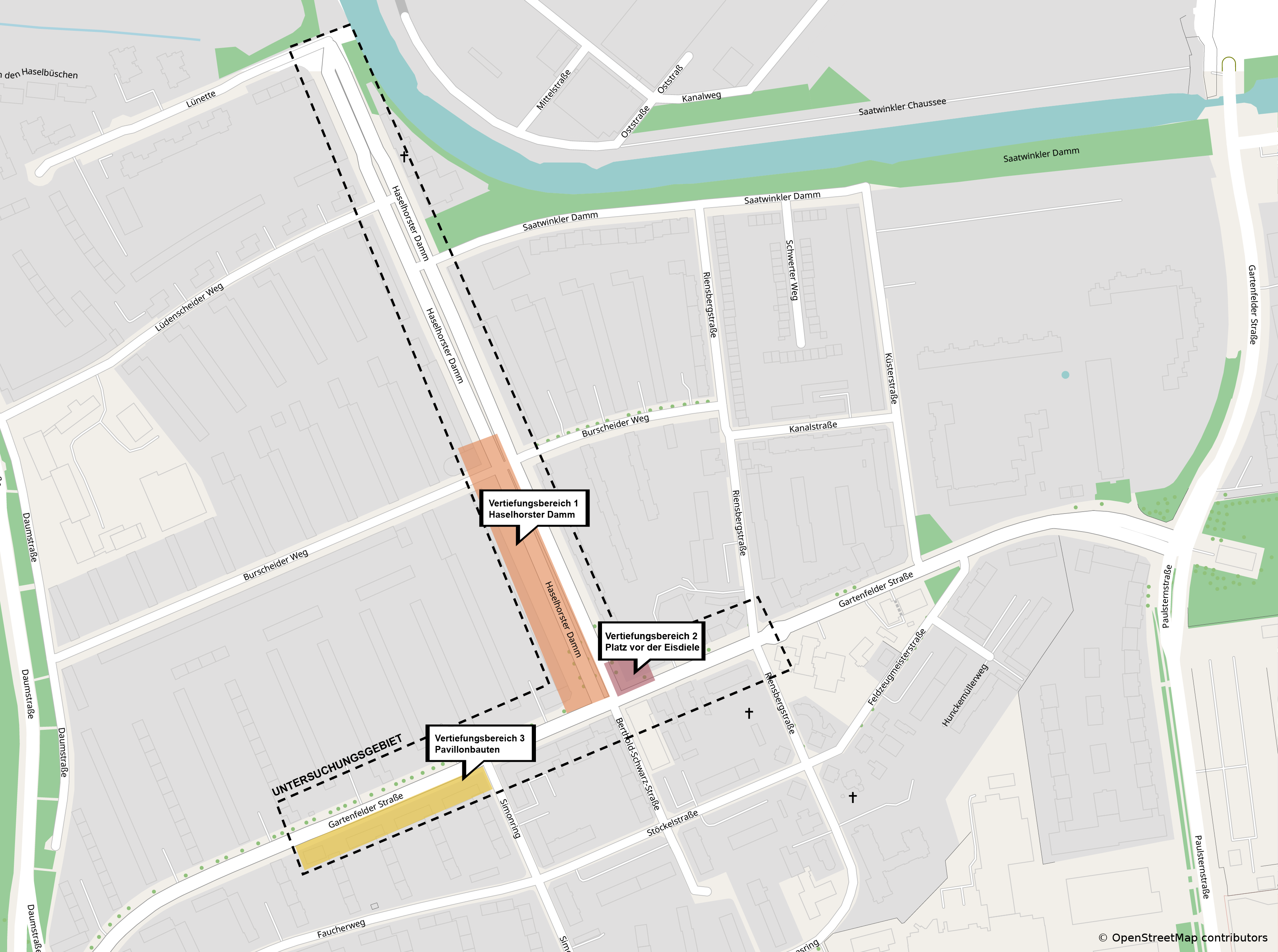 Projektgebiet mit Vertiefungsbereichen